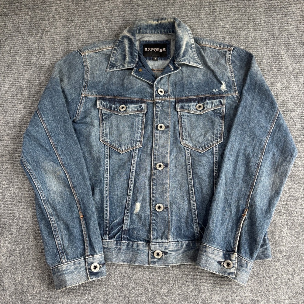Express Mens Distressed Denim Trucker Jacket Blue Medium Wash Size M 3687